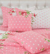 Pink Polka Double Bedding Set with Reversible Comforter, Flat Bedsheet, Pillow covers & Cushions, 6 Pcs