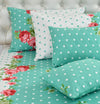 Teal Polka Double Bedding Set with Reversible Comforter, Flat Bedsheet, Pillow covers & Cushions, 6 Pcs